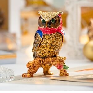 Classical Owl Style Enameled Trinket Box Hinged, Unique Gift for Family